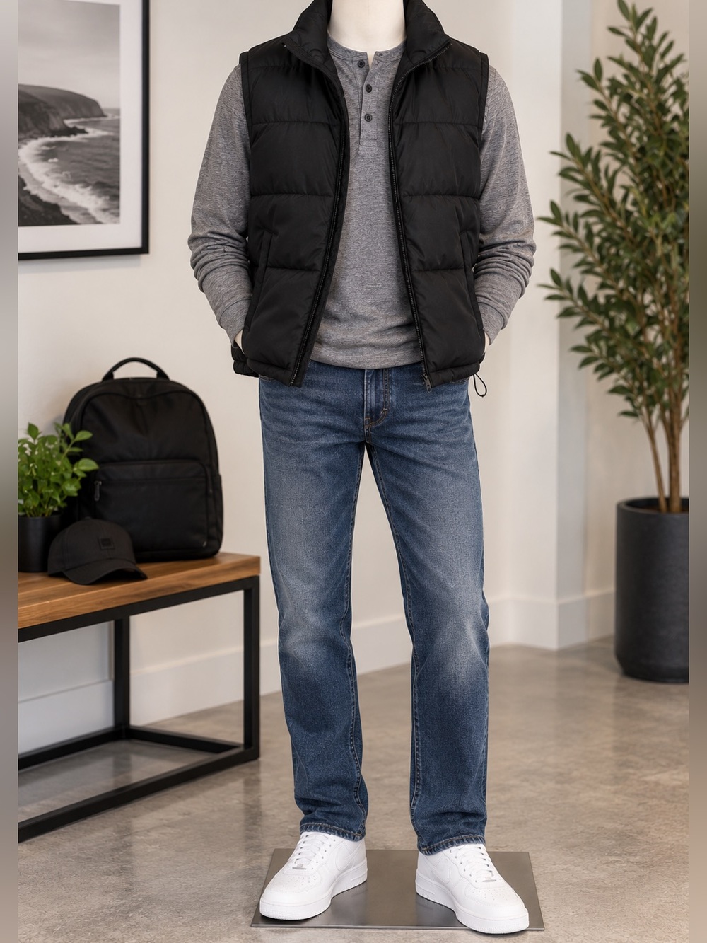 Men's black/dark grey quilted sleeveless puffer vest reversible